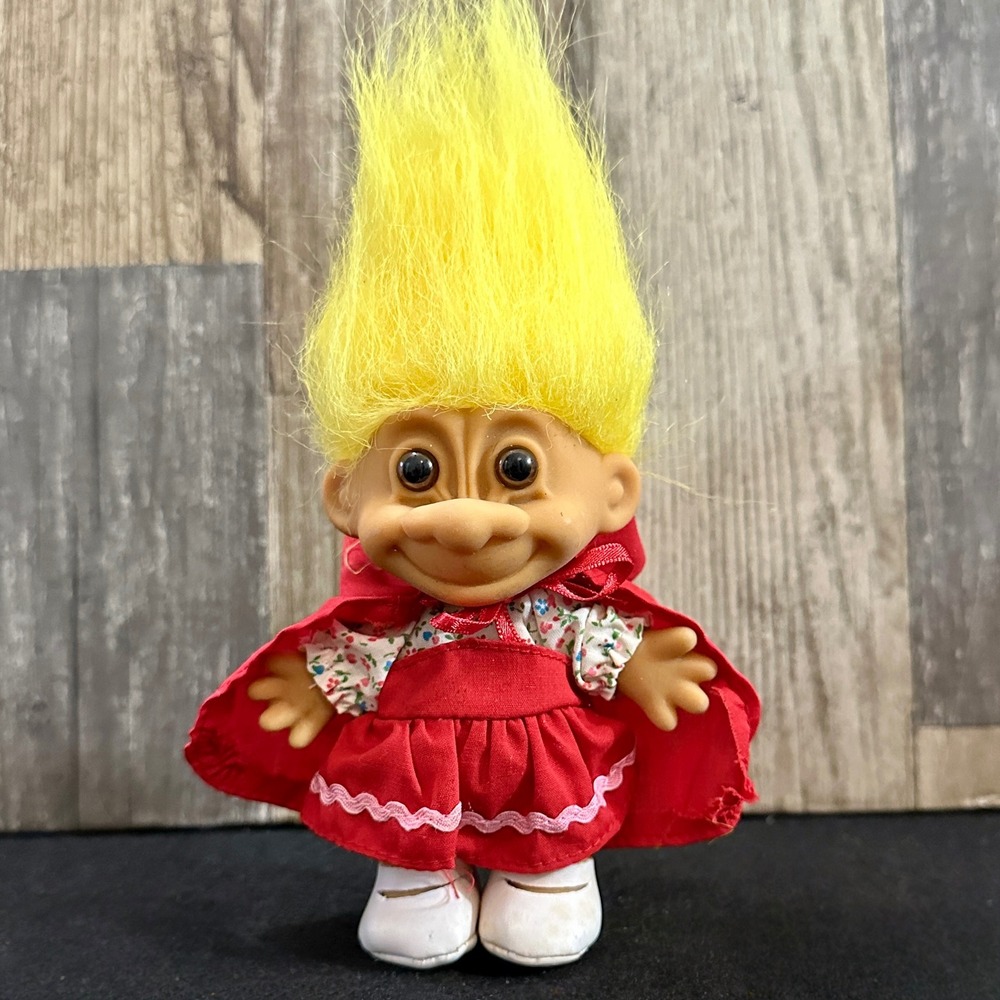Vintage Yellow Hair Troll Doll Red riding Hood Cape Floral Dress Shoes Toy